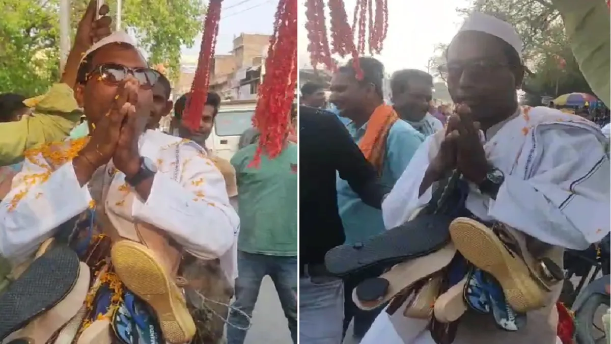 जूते-चप्पलों की माला, गधे की सवारी और…अजीबोगरीब तरीके से नामांकन भरने पहुंचा प्रत्याशी, वीडियो वायरल