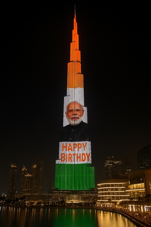 प्रधानमंत्री मोदी के जन्मदिन पर बधाई संदेश से जगमग हुई दुबई की बुर्ज खलीफा
