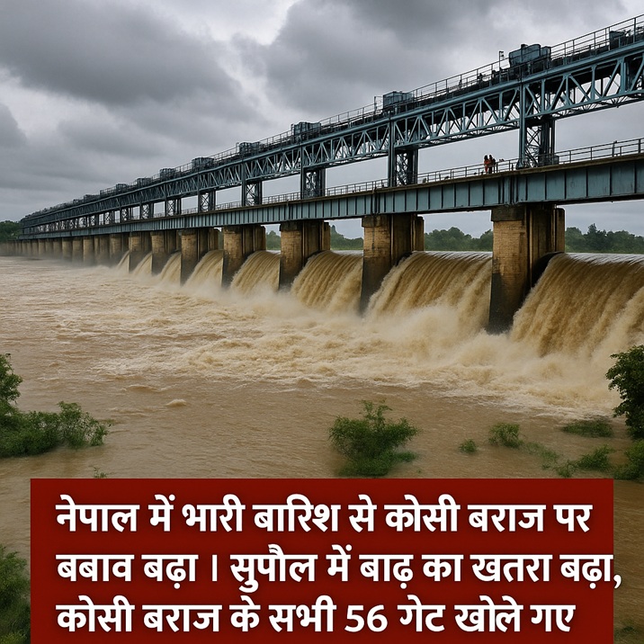 नेपाल में भारी बारिश से कोसी नदी उफान पर: सुपौल में बाढ़ का खतरा बढ़ा, कोसी बराज के सभी 56 गेट खोले गए