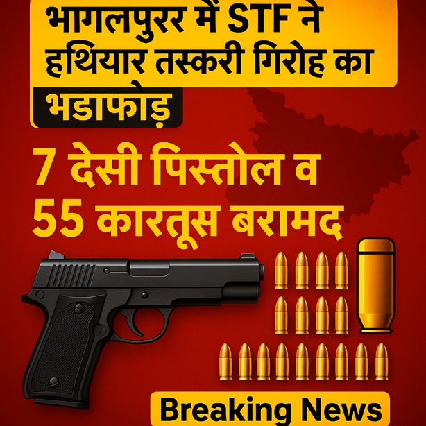 भागलपुर में बड़ा ऑपरेशन: STF ने हथियार तस्करी गिरोह का भंडाफोड़, 7 देसी पिस्तौल व 55 कारतूस बरामद
